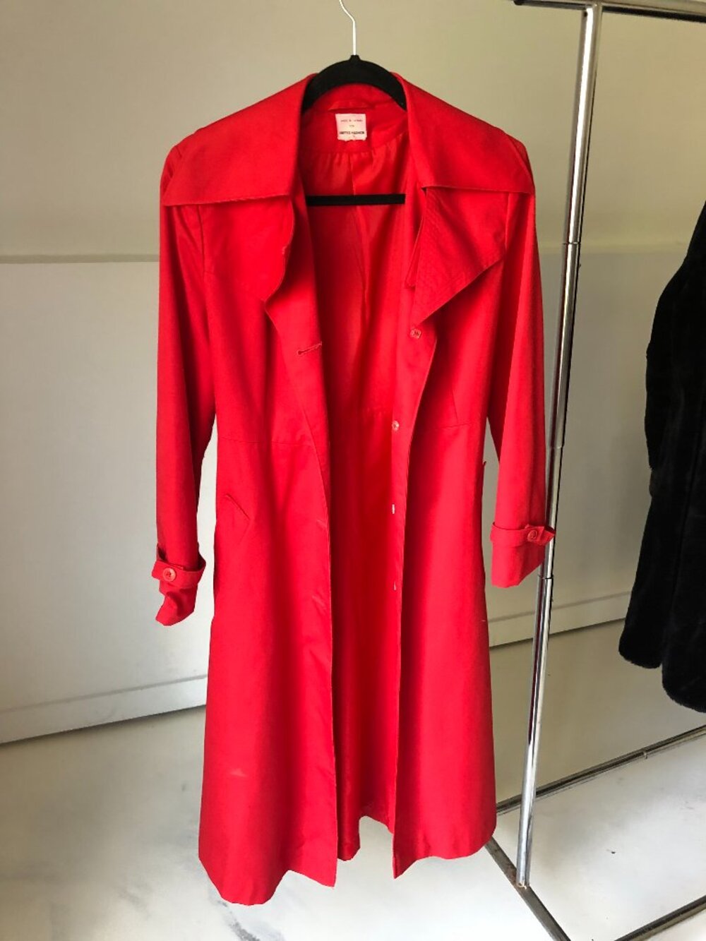 Vintage 70s Red Trench Coat United Fashion Oversized Collar Belted Maxi - Picture 5 of 13